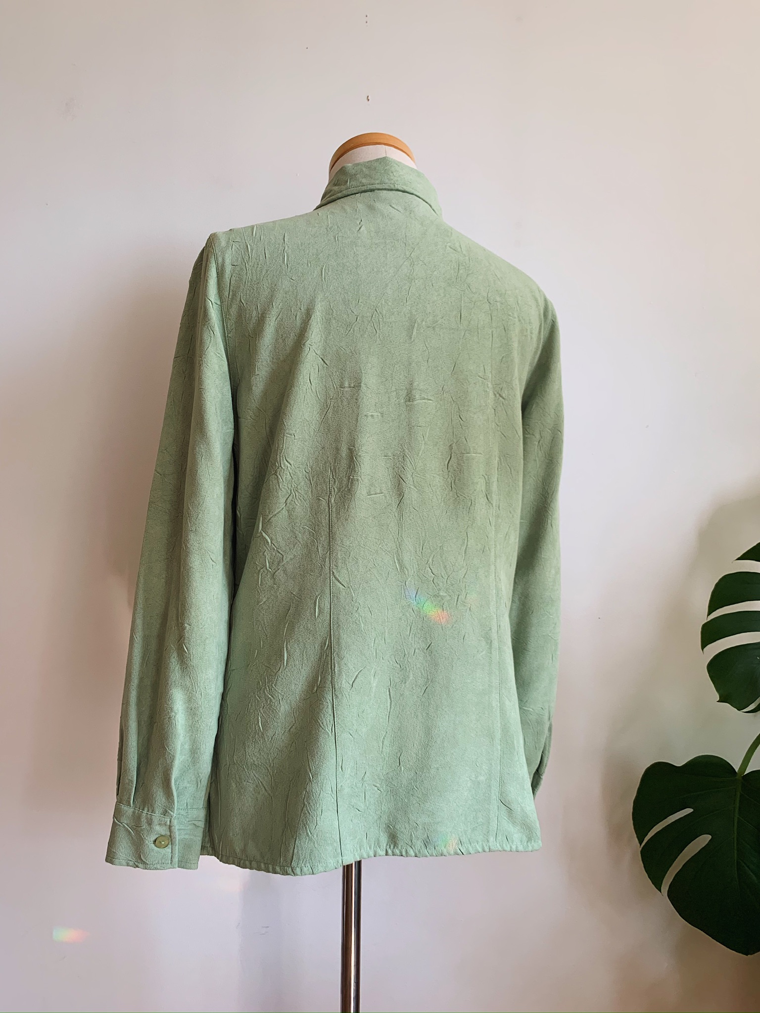90s Pistachio Green Crinkle Blouse | Vintage 70s Style Suedette Shirt