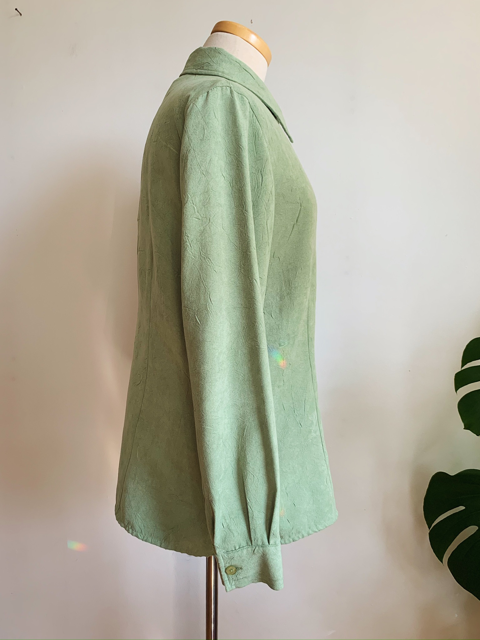 90s Pistachio Green Crinkle Blouse | Vintage 70s Style Suedette Shirt