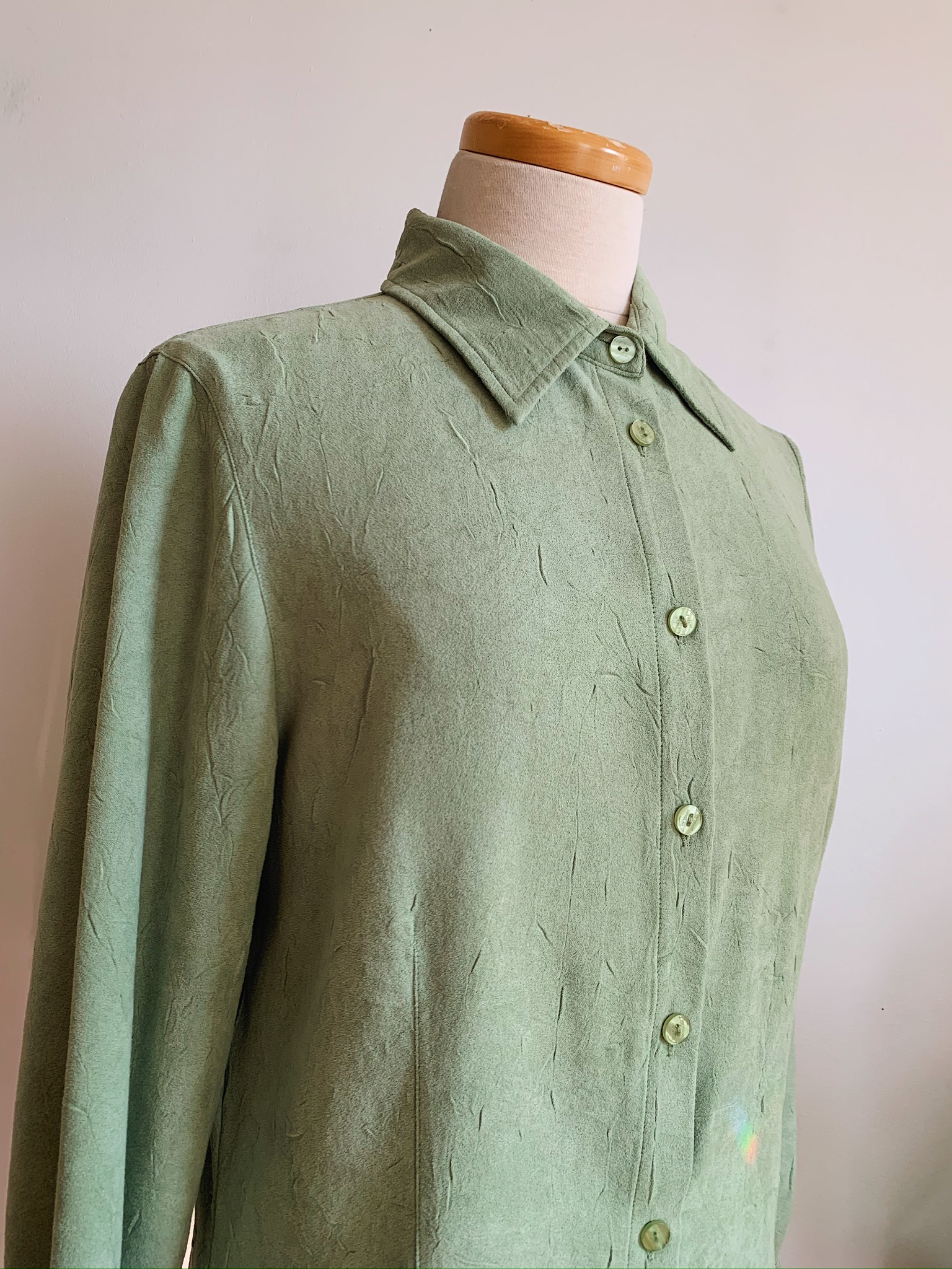 90s Pistachio Green Crinkle Blouse | Vintage 70s Style Suedette Shirt