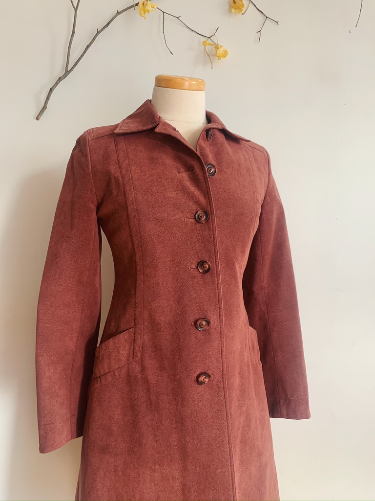 60s 70s Dusty Rose Faux Suede Coat | Vintage Made in Canada Trench Coat