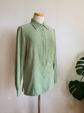 90s Pistachio Green Crinkle Blouse | Vintage 70s Style Suedette Shirt