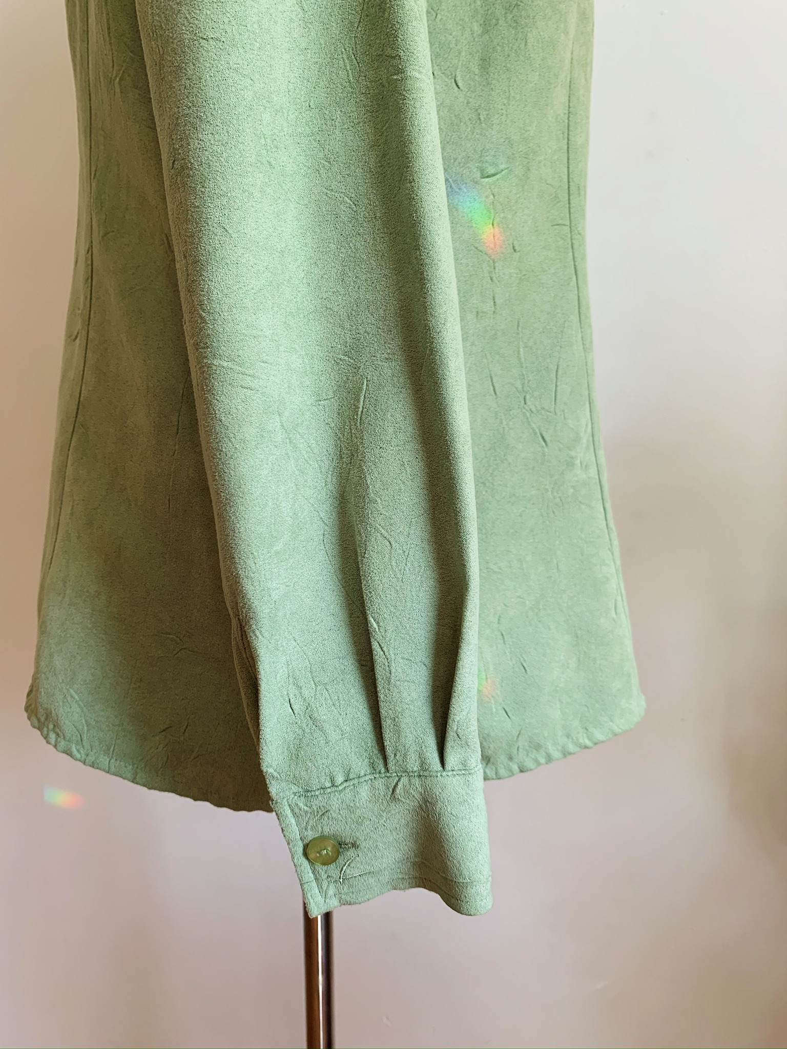 90s Pistachio Green Crinkle Blouse | Vintage 70s Style Suedette Shirt